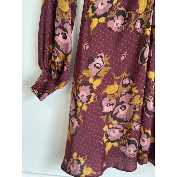 Free People Womens Floral Dress Sz 4 Burgundy Ruched Boho Romantic Fall Coquette - Picture 4 of 12